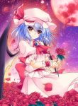  1girl aoi_hiro ascot bat_wings blue_hair flower holding looking_at_viewer mob_cap moon orange_eyes petals red_moon remilia_scarlet rose short_hair smile solo touhou wind wings wrist_cuffs 