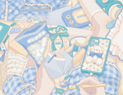  1girl absurdly_detailed_composition animal_charm aqua_nails bandaid bandaid_on_finger bandaid_on_hand bandaid_on_knee bandaid_on_leg blue_bag blue_shorts blue_theme book bookmark cellphone charging_device charm_(object) checkered_clothes checkered_shorts commentary cosmetics drink_carton drinking_straw feet_out_of_frame food frilled_shorts frills glasses hair_ornament hairpin handheld_game_console headphones highres holding holding_milk_carton marshmallow mask milk_carton mouth_mask nail_polish nekomaru0817 original pastel_colors phone pillow pov powering_up round_eyewear scenery shorts sitting smartphone socks solo stuffed_animal stuffed_toy surgical_mask teddy_bear unworn_eyewear unworn_headphones white-framed_eyewear white_socks 
