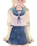  1girl bangs blouse blunt_bangs brown_hair confession head_out_of_frame kantai_collection low_twintails neckerchief open_mouth pleated_skirt sailor_collar school_uniform serafuku shirayuki_(kantai_collection) short_hair short_sleeves skirt solo tears translated twintails 