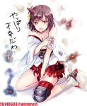  1girl bare_shoulders black_hair blush breasts cleavage embarrassed fire hair_ornament japanese_clothes kantai_collection long_sleeves looking_away off_shoulder open_mouth red_eyes red_skirt short_hair simple_background sitting skirt smoke solo tears torn_clothes torn_skirt translated unabara_misumi under_boob wariza white_background yamashiro_(kantai_collection) 