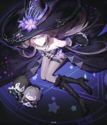  1girl artist_name bare_shoulders black_boots black_dress black_sleeves boots breasts brown_hair brown_pantyhose character_doll chinese_commentary closed_mouth commentary_request detached_sleeves doll dress flower frilled_sleeves frills from_above full_body hair_ornament hair_ribbon hat hat_flower herta_(honkai:_star_rail) herta_(puppet)_(honkai:_star_rail) high_heels highres honkai:_star_rail honkai_(series) knee_boots large_hat lingear long_hair looking_at_viewer looking_up medium_breasts pantyhose purple_flower purple_ribbon ribbon ruan_mei_(honkai:_star_rail) short_sleeves sitting solo the_herta_(honkai:_star_rail) violet_eyes x_hair_ornament 