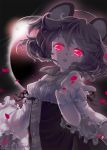  1girl adapted_costume animal_ears brown_dress dress eclipse glowing glowing_eyes grey_hair iris_anemone juliet_sleeves long_sleeves looking_at_viewer mouse_ears nazrin open_mouth outstretched_arm outstretched_hand pink_eyes puffy_sleeves shirt solo touhou wide_sleeves 