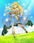  1girl bare_shoulders blonde_hair blue_eyes boots breasts cleavage dress fukukitaru grass hairband long_hair skirt_hold sky smile solo sparkle 