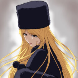  1girl black_coat blonde_hair brown_eyes coat fur_coat fur_hat ginga_tetsudou_999 hat highres light_smile long_hair looking_to_the_side maetel misaki_yukihiro papakha parted_lips solo upper_body 