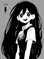  1girl absurdres agent_ruri blush bright_pupils collared_shirt commentary double-parted_bangs greyscale hair_between_eyes highres long_hair looking_at_viewer mari_(headspace)_(omori) mari_(omori) monochrome neckerchief omori open_mouth shirt short_sleeves simple_background smile solo something_(omori) spoilers sweater_vest teeth translation_request upper_body upper_teeth_only 