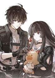 1boy 1girl akiko54124 arm_cutout black_choker black_gloves black_hair black_jacket capybara chinese_commentary chisa_(wuthering_waves) choker clothing_cutout commentary_request gloves grey_shirt hair_between_eyes hair_ribbon highres holding jacket long_hair long_sleeves looking_at_animal looking_at_another male_rover_(wuthering_waves) mole mole_under_eye namipon_(wuthering_waves) parted_lips red_eyes red_ribbon ribbon rover_(wuthering_waves) sailor_collar shirt simple_background white_background white_sailor_collar wuthering_waves yellow_eyes 