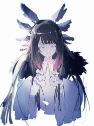  1girl 329kome columbina_(genshin_impact) commentary_request eye_mask fatui_coat genshin_impact hair_ornament highres long_hair mask multicolored_hair own_hands_clasped own_hands_together painterly portrait see-through_clothes see-through_mask simple_background sketch solo two-tone_hair upper_body white_background white_mask wing_hair_ornament x-shaped_eyewear 