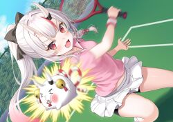  1girl :d alternate_costume bike_shorts bike_shorts_under_skirt black_bow black_shorts blue_sky bow center-flap_bangs commentary_request day dutch_angle fang gradient_hair grey_hair hair_between_horns hair_bow highres holding holding_tennis_racket hololive horns kotone_neruneru long_hair miniskirt motion_blur multicolored_hair nakiri_ayame oni open_mouth outdoors pink_shirt pleated_skirt poyoyo_(nakiri_ayame) racket red_eyes red_hair shirt short_sleeves shorts skin-covered_horns skin_fang skirt sky smile solo sweatband tennis tennis_court tennis_racket v-shaped_eyebrows virtual_youtuber white_skirt 