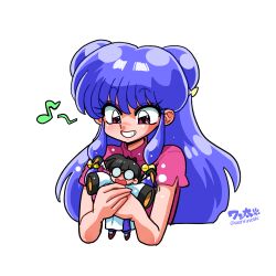  1boy 1girl artist_name bell black_hair bow chibi chinese_clothes commentary_request double_bun glasses hair_bell hair_bow hair_bun hair_ornament long_hair mousse_(ranma_1/2) musical_note purple_hair ranma_1/2 red_eyes shampoo_(ranma_1/2) sidelocks wanta_(futoshi) yellow_bow 
