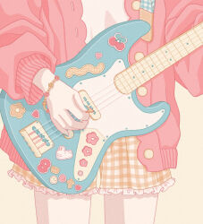  1girl bass_guitar bracelet cardigan checkered_clothes checkered_shorts cherry_sticker commentary cowboy_shot english_text flower_sticker frilled_shorts frills guitar_strap head_out_of_frame heart heart_sticker highres holding holding_bass_guitar holding_instrument holding_plectrum instrument jewelry long_sleeves music nekomaru0817 open_cardigan open_clothes original pastel_colors pearl_bracelet pink_cardigan playing_bass_guitar playing_instrument plectrum rabbit_sticker shirt shorts simple_background solo sticker white_background white_shirt yellow_shorts 