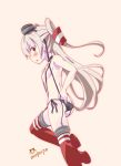  1girl amatsukaze_(kantai_collection) black_panties breasts brown_eyes choker garter_straps hair_tubes hairband highres imu_sanjo kantai_collection long_hair looking_at_viewer open_mouth panties side-tie_panties silver_hair simple_background solo striped striped_legwear two_side_up underwear 