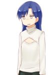  1girl blue_hair breast_conscious cleavage_cutout empty_eyes flat_chest idolmaster kisaragi_chihaya nagian open-chest_sweater solo sweater turtleneck 