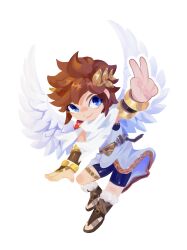  1boy absurdres angel angel_wings bike_shorts blue_eyes brown_hair full_body highres kid_icarus kid_icarus_uprising laurel_crown looking_at_viewer pit_(kid_icarus) scarf solo starsteel-absol transparent_background v white_scarf wings 