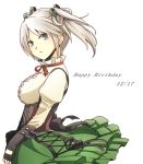 1girl black_gloves blush choker ciel_alencon corset fingerless_gloves gloves god_eater god_eater_2 green_eyes grey_hair hair_ribbon highres kabocha_(conoa122a) looking_at_viewer ribbon ribbon_choker short_twintails simple_background skirt solo twintails white_background wind 