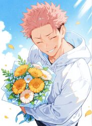  1boy ai_003_uni blush commentary_request facial_mark flower highres hood itadori_yuuji jacket jujutsu_kaisen long_sleeves male_focus open_mouth pink_hair scar scar_on_face short_hair smile solo undercut 