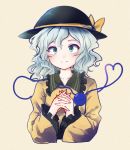  1girl bow cross_eyed green_eyes hands_clasped hat hat_bow heart heart_of_string interlocked_fingers komeiji_koishi long_sleeves shirt silver_hair smile solo squinted_eyes third_eye touhou uranaishi_(miraura) wide_sleeves 