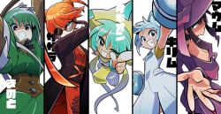  2boys 3girls absurdres arms_up bare_shoulders black_coat black_eyes black_sash blue_eyes blue_hair blue_necktie boxing_gloves brown_corset brown_sweater buttons character_name coat column_lineup commentary_request corset crossdressing dress facial_mark gradient_hair green_hair hair_bun hammer hat highres holding holding_hammer japanese_clothes jirachi kimono kricketune long_hair looking_back mismagius multicolored_hair multiple_boys multiple_girls nail_polish necktie off-shoulder_dress off_shoulder one_eye_closed one_eye_covered open_clothes open_coat open_mouth orange_hair orange_kimono pachirisu pants parted_lips pelvic_curtain personification pointing pointing_at_viewer pokemon pokemon_move purple_dress purple_hair purple_hat red_eyes red_nails ribbed_sweater sash shirt short_hair short_necktie sidelocks smile standing surume17 sweater swinging_weapon tanzaku torterra trap twintails two-tone_hair unitard v-shaped_eyebrows white_pants white_unitard witch_hat wood_hammer_(pokemon) yellow_hat yellow_shirt 