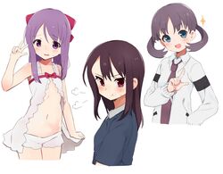  3girls babydoll blue_eyes blush embarrassed flat_chest hanada_kirame long_hair multiple_girls necktie noyori_risa open_mouth pointing pointing_up pout purple_hair red_eyes saki saki_achiga-hen saki_shinohayu_the_dawn_of_age shisoneri sparkle suehara_kyouko sweatdrop tagme twintails v violet_eyes 