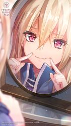  1girl blonde_hair blurry blurry_foreground closed_mouth commentary copyright_name copyright_notice depth_of_field english_commentary eyelashes eyes_visible_through_hair finger_to_cheek hair_between_eyes hands_up heaven_burns_red highres index_fingers_raised indoors long_hair looking_at_mirror looking_at_self mirror official_art official_wallpaper pink_eyes portrait reflection reflection_focus shirakawa_yuina smile solo split_mouth straight_hair 