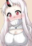  1girl alternate_costume blush breasts cleavage cleavage_cutout covered_mouth horn jewelry kantai_collection large_breasts long_hair looking_at_viewer necklace open-chest_sweater pale_skin red_eyes ribbed_sweater seaport_hime shinkaisei-kan silver_hair solo sweat sweater turtleneck yamato_nadeshiko 