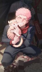  1boy absurdres closed_eyes facial_mark gugjang_b highres hood itadori_yuuji jacket jujutsu_kaisen male_focus open_mouth pink_hair scar scar_on_face short_hair solo spiky_hair tiger undercut 