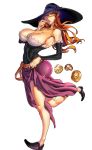  1girl bare_shoulders breasts cleavage dessert detached_sleeves dragon&#039;s_crown food hat large_breasts long_hair red_eyes redhead simple_background solo sorceress_(dragon&#039;s_crown) thighs white_background witch_hat zunta 