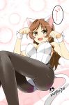  1girl :d animal_ears artist_name ashigara_(kantai_collection) ass brown_eyes brown_hair cat_ears cat_tail fake_animal_ears highres imu_sanjo kantai_collection kemonomimi_mode kittysuit long_hair looking_at_viewer open_mouth pantyhose paw_pose signature smile solo sweat tail translation_request 