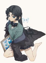  1girl absurdres barefoot black_bow black_bowtie black_jacket black_skirt blue_butterfly blue_eyes bow bowtie bug butterfly butterfly-shaped_pupils character_name collared_shirt commentary_request green_sweater highres jacket looking_at_viewer open_clothes open_jacket original shimiya_jin shirt simple_background sitting skirt solo sweater symbol-shaped_pupils toes translation_request white_shirt 