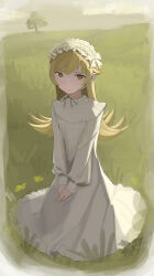  1girl absurdres blonde_hair commentary dress field frills highres howe_(howe_lib) long_hair long_sleeves looking_at_viewer monogatari_(series) oshino_shinobu outdoors pointy_ears ribbon solo tree vampire white_dress white_ribbon yellow_eyes 