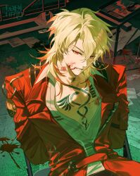  1boy absurdres blood blood_on_face body_markings bound chair coat commentary_request folding_chair highres long_hair luuk_herssen_(wuthering_waves) male_focus multicolored_hair parted_lips partially_open_shirt red_coat red_eyes shirt sitting solo streaked_hair toriumu white_shirt wuthering_waves 