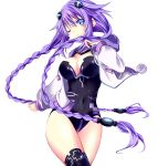  1girl blue_eyes blush braid breasts choujigen_game_neptune cleavage hair_ornament jacket large_breasts long_hair looking_at_viewer minagi neptune_(choujigen_game_neptune) neptune_(series) one_eye_closed purple_hair purple_heart simple_background smile solo symbol-shaped_pupils thigh-highs twin_braids very_long_hair white_background 