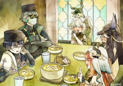  2girls 3boys alhaitham_(genshin_impact) alternate_headwear animal_ear_hood animal_ears aranara_(genshin_impact) armlet artist_name black_bodysuit black_bridal_gauntlets black_hair black_hat black_hood black_horns black_shirt blue_gem blue_kimono blue_sleeves blunt_bangs blunt_ends blush bodysuit bowl bracelet bridal_gauntlets cable chair chicken_(food) chicken_leg choppy_bangs closed_eyes closed_mouth colored_tips compression_shirt creature_on_head crossed_arms cup cyno_(genshin_impact) dark-skinned_male dark_skin detached_sleeves dress eid_mubarak elbow_rest eyelashes facing_another food food_request gem genshin_impact glass gold gold_halo green_hair green_sleeves grey_hair hair_ornament halo harem_outfit hat headphones highres holding holding_spoon hood horns index_finger_raised indoors jackal_ears japanese_clothes jewelry juban kimono layered_sleeves leaf leaf_hair_ornament long_hair looking_at_another mask mechanical_halo mouth_mask multicolored_hair multiple_boys multiple_girls nahida_(genshin_impact) nilou_(genshin_impact) open_clothes open_kimono open_mouth own_hands_together palms_together pointy_ears red_hair scaramouche_(genshin_impact) shaded_face shirt short_sleeves side_ponytail sidelocks sideways_mouth sitting songkok spoon stew sunglasses sweatdrop table triangle_mouth utsuyeet veil wanderer_(genshin_impact) water white_dress white_hair white_kimono white_mask white_sleeves white_veil window 