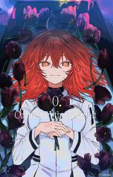  1girl ahoge breasts command_spell english_text fate/grand_order fate_(series) flower_request fujimaru_ritsuka_(female) highres in_coffin kr38roka long_sleeves looking_at_viewer lying medium_breasts medium_hair on_back orange_eyes orange_hair solo upper_body 