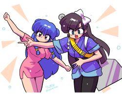  2girls artist_name bell blush bow brown_hair commentary_request double_bun dress green_eyes hair_bell hair_bow hair_bun hair_ornament kuonji_ukyou microdress multiple_girls open_mouth pink_dress purple_hair ranma_1/2 red_eyes shampoo_(ranma_1/2) sidelocks smile spatula wanta_(futoshi) white_bow 