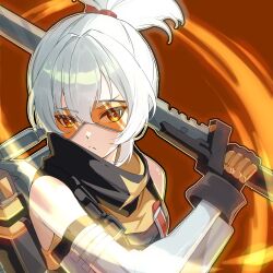  1girl ayahabihabi bare_shoulders black_gloves closed_mouth commentary_request gloves goggles grey_hair grey_sleeves hair_between_eyes highres looking_at_viewer orange_eyes orange_visor ponytail short_hair soldier_11_(zenless_zone_zero) solo tinted_eyewear upper_body zenless_zone_zero 