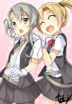  2girls ^_^ asymmetrical_hair bangs blonde_hair bowtie closed_eyes collared_shirt flipped_hair gloves grey_eyes grey_skirt hands_on_another&#039;s_shoulders highres kantai_collection maikaze_(kantai_collection) multiple_girls necktie nowaki_(kantai_collection) open_clothes open_mouth open_vest pantyhose pleated_skirt ponytail school_uniform short_hair short_ponytail silver_hair skirt swept_bangs tie_clip toki/ vest white_gloves 