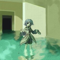  1other androgynous ascot bare_legs black_shorts black_socks brown_ascot brown_coat brown_shoes coat coattails collared_coat commentary_request doorway flood green_shorts grey_eyes grey_hair happy highres holding holding_shoes holding_unworn_clothes houlen_yabusame indoors japanese_clothes jinbei_(clothes) kurokoge_karubi lapels layered_sleeves len'en long_sleeves notched_lapels open_mouth other_focus puffy_short_sleeves puffy_sleeves reflection reflective_liquid shoes short_hair_with_long_locks short_over_long_sleeves short_sleeves shorts sidelocks smile socks solo tailcoat tareme tile_floor tile_wall tiles two-tone_shorts unworn_shoes v wading 