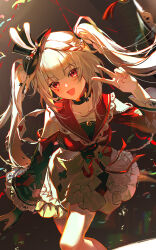  1girl absurdres backlighting belt black_background black_belt black_choker black_gloves black_hat black_sleeves blue_bow blush bow braid braided_sidelock breasts butterfly-shaped_pupils choker clothing_cutout club_(shape) collar collarbone diamond_(shape) diamond_facial_mark diamond_on_cheek facial_mark fang floating_hair frilled_bow frilled_collar frilled_skirt frilled_sleeves frills gloves grey_hair hair_intakes hat hat_bow hat_ornament heart heart_facial_mark heart_on_cheek highres honkai:_star_rail honkai_(series) long_hair long_sleeves looking_at_viewer mark_under_both_eyes mini_hat mini_top_hat multicolored_hair night open_mouth pink_eyes plaid_clothes plaid_sleeves poker qiaose33912 rabbit_ear_headwear rabbit_hat_ornament red_eyes red_hair red_ribbon red_sleeves ribbon sailor_collar semi-rimless_eyewear shoulder_cutout single_glove skirt smile solo spade_(shape) sparkle_(honkai:_star_rail) sparxie_(honkai:_star_rail) streaked_hair symbol-shaped_pupils thumbs_up_emoji top_hat twintails v very_long_hair white_hair white_skirt wide_sleeves 