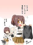  &gt;:) +_+ 2girls :d brown_eyes brown_hair clothes highres holding hyuuga_(kantai_collection) imu_sanjo ise_(kantai_collection) japanese_clothes kantai_collection multiple_girls open_mouth pleated_skirt ponytail shopping_basket short_hair skirt smile translation_request 