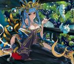  1girl aqua_hair bare_shoulders breasts cleavage dragon_poker furisode headdress japanese_clothes jewelry kimono mole nyami pipe smoke thigh-highs tsukuyomi_(mythology) 