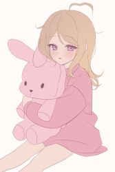  1girl :o ahoge akamatsu_kaede alternate_costume blonde_hair blush commentary_request danganronpa_(series) danganronpa_v3:_killing_harmony feet_out_of_frame highres keke_(xfxyuio) korean_commentary long_hair long_sleeves no_hair_ornament pink_eyes pink_sweater simple_background sitting solo stuffed_animal stuffed_rabbit stuffed_toy sweater white_background 