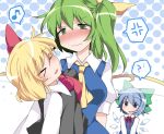  &gt;_&lt; 3girls :d ? anger_vein angry blonde_hair blue_eyes blue_hair blush bow breasts cirno commentary daiyousei dress empty_eyes full-face_blush green_eyes green_hair hair_bow hair_ribbon hammer_(sunset_beach) head_tilt long_hair multiple_girls musical_note open_mouth ribbon rumia short_hair side_ponytail smile spoken_anger_vein spoken_musical_note spoken_question_mark tareme touhou wavy_mouth wings xd 