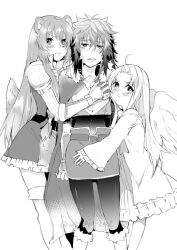  3girls ahoge animal_ear_fluff animal_ears armor belt bird_girl bird_wings black_pantyhose blush boots breastplate chest_bow cloak closed_mouth collared_dress collared_shirt commentary_request cropped_shirt dress elbow_gloves feathered_wings feet_out_of_frame filo_(tate_no_yuusha_no_nariagari) frilled_dress frilled_sleeves frills fur-trimmed_boots fur-trimmed_collar fur_trim genderswap genderswap_(mtf) gloves greyscale hair_between_eyes high_collar iwatani_naofumi layered_dress leather leather_gloves leather_shirt long_hair looking_at_viewer medium_dress medium_hair messy_hair metal_arm_cuffs metal_wrist_cuffs midriff miniskirt momojiri2002 monochrome multiple_girls navel neck_ribbon open_collar open_mouth pantyhose parted_bangs pencil_skirt pinstripe_pattern pout raccoon_ears raccoon_girl raccoon_tail raphtalia ribbon shaded_midriff shirt short_dress simple_background skirt standing straight_hair tail tate_no_yuusha_no_nariagari v-shaped_eyebrows wings 