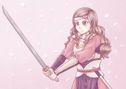  1girl armor brown_eyes brown_hair fire_emblem fire_emblem_fates hana_(fire_emblem) headband holding holding_sword holding_weapon japanese_armor japanese_clothes katana long_hair samurai seals-and-doodles solo sword weapon white_armor white_headband 