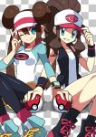  1girl 2girls adjusting_clothes adjusting_hat aqua_eyes baseball_cap black_legwear boots bow brown_hair checkered checkered_background dadadanoda denim denim_shorts double_bun grin hat high_ponytail holding holding_poke_ball long_hair mei_(pokemon) multiple_girls one_eye_closed pantyhose poke_ball pokemon pokemon_(game) pokemon_bw pokemon_bw2 raglan_sleeves shoes short_shorts shorts sitting sleeveless sleeveless_shirt smile sneakers symmetry touko_(pokemon) twintails v vest visor_cap watch watch wristband 