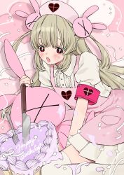  1girl :o apron birthday_cake cake center_frills commentary_request cowboy_shot dress food fork frills guest_art hair_ornament happy_birthday hat heart heart_print highres knife long_hair looking_at_viewer natori_sana natori_sana_(nurse) nurse_cap open_mouth pink_apron pink_background puffy_short_sleeves puffy_sleeves rabbit_hair_ornament red_eyes sana_channel short_sleeves sitting solo stuffed_animal stuffed_rabbit stuffed_toy two_side_up virtual_youtuber wata_kinoshi white_dress 
