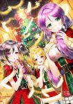  3girls :d :o aile_(crossroads) ayase_eli black_hair blonde_hair blue_eyes blue_legwear bluush box breasts capelet christmas christmas_tree feathers gift gift_box green_eyes love_live!_school_idol_project multiple_girls open_mouth purple_hair red_eyes smile snowflakes striped striped_legwear tagme thigh-highs toujou_nozomi twintails vertical-striped_legwear vertical_stripes yazawa_nico 