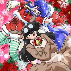  1boy 1girl animal_costume antlers artist_name bell black_hair commentary_request cosplay crossed_arms double_bun glasses gloves hair_bun hat holding holding_sack horns long_hair midriff_peek mousse_(ranma_1/2) purple_hair ranma_1/2 red_gloves red_shorts reindeer_antlers reindeer_costume rudolph_the_red_nosed_reindeer rudolph_the_red_nosed_reindeer_(cosplay) sack santa_costume santa_hat shampoo_(ranma_1/2) shorts striped_clothes striped_thighhighs thigh-highs wanta_(futoshi) 