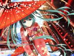  1girl bent_over dutch_angle green_eyes green_hair hatsune_miku highres holding japanese_clothes kimono levi9452 long_hair looking_at_viewer oriental_umbrella petals smile solo twintails umbrella vocaloid wind 