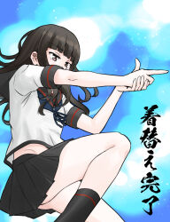  1girl black_hair black_sailor_collar black_skirt blue_background blue_neckerchief blunt_bangs commentary_request finger_gun grey_eyes hatsuyuki_(kancolle) hatsuyuki_kai_ni_(kancolle) highres kantai_collection long_hair neckerchief nekotarou_(nktr299) pleated_skirt sailor_collar school_uniform serafuku shirt skirt solo translation_request white_shirt 
